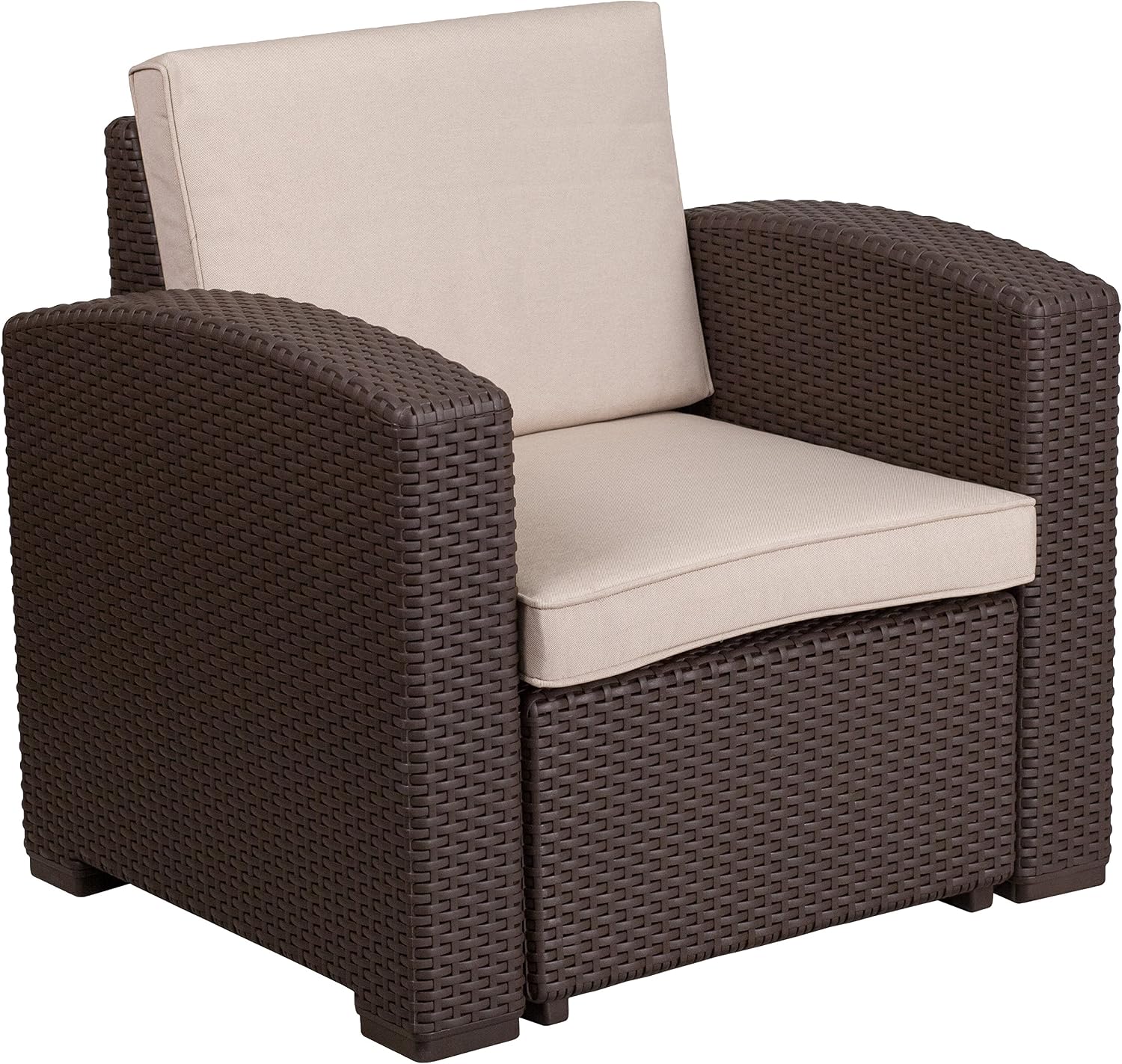 Flash Furniture Faux Rattan Outdoor Patio Chair, Brown | All-Weather Beige Cushion, Indoor\/Outdoor, Commercial Grade