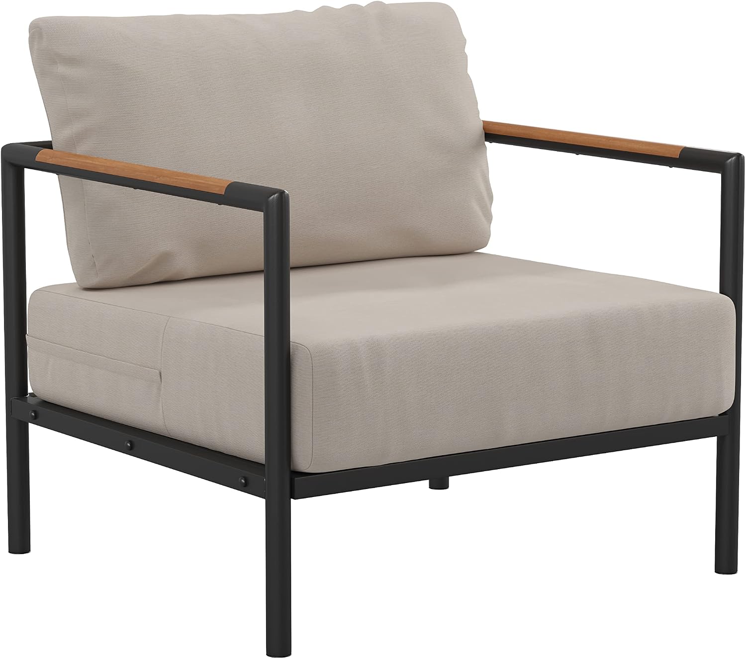Flash Furniture Patio Chair with Cushions, Black\/Beige | Aluminum Frame, Teak Accented Arms, Indoor\/Outdoor
