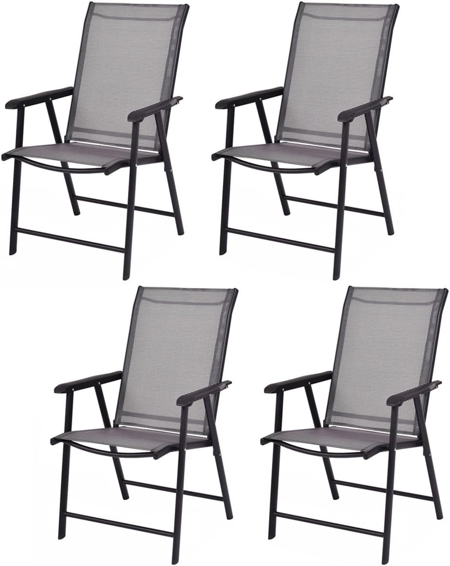 GIANTEX Set of 4 Folding Patio Chairs, Outdoor Portable Dining Chairs for Garden Camping Poolside Beach Deck Lawn, 4-Pack Sling Armchairs, Metal Frame, Grey
