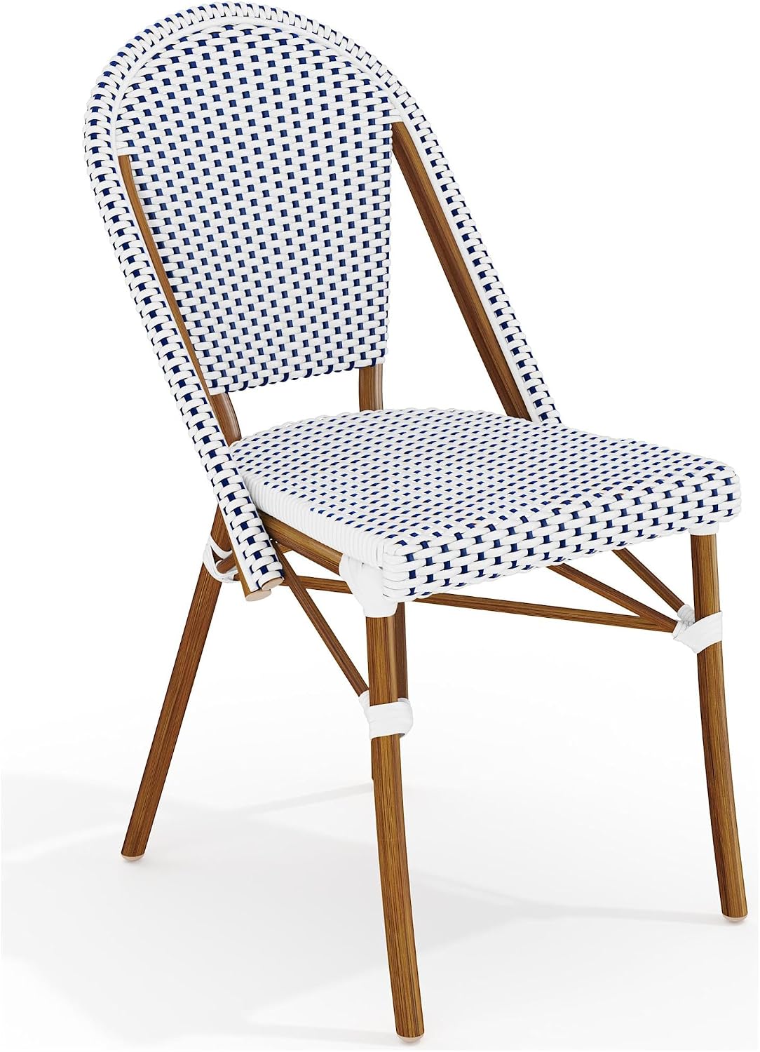 Martha Stewart Lily Pond Stackable Bistro Chair, White\/Navy | Aluminum Frame, Woven Rattan Back and Seat, Woodgrain Aluminum Frame, Indoor\/Outdoor Use